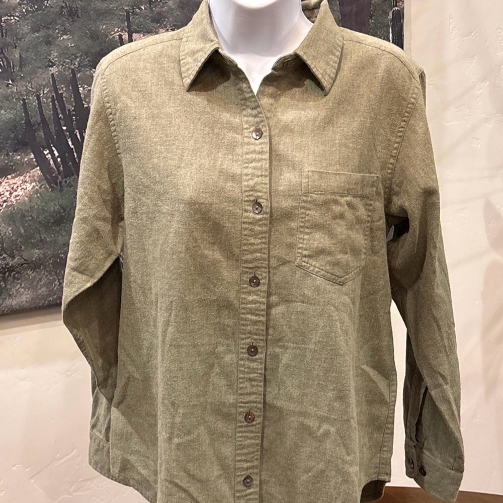 L.L. Bean women’s 100% cotton flannel Olive Button Down Shirt